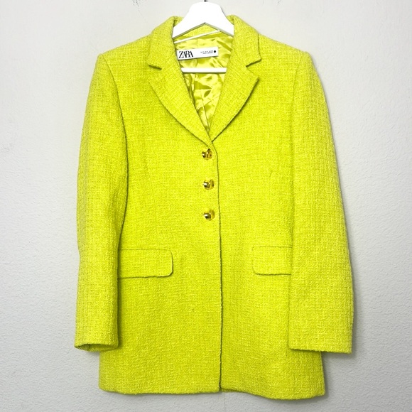 ZARA Lime Green Buttoned Textured Weave Blazer - Picture 4 of 7
